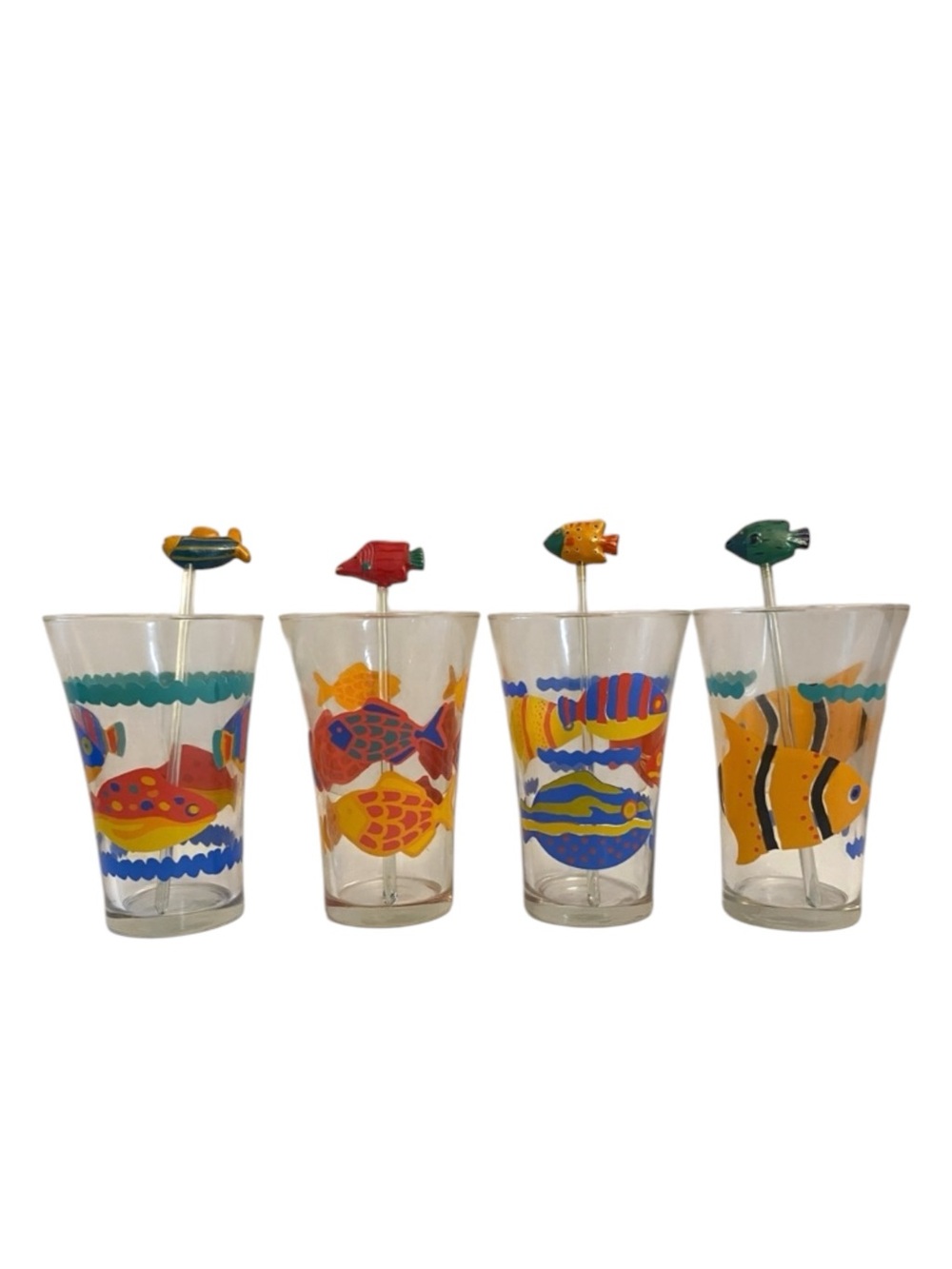 4 Vtg LIBBEY Fish Glasses Flared Rim Tumblers with Swizzle Sticks Tropical Decor